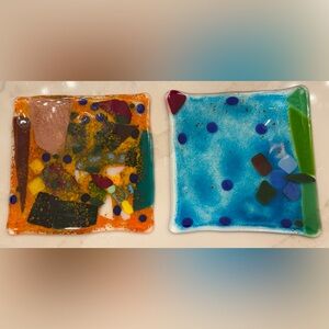 Pair of Vintage Unmarked Murano Fused Art Glass Square Plates